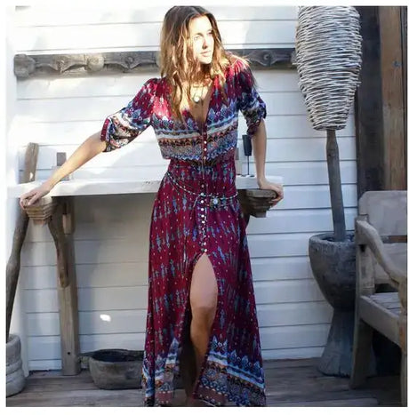 1pcs/lot Women Bohemia V-neck Three Quarter Sleeve Floral Print Ethnic Autumn Beach Boho Long Dress - Lootquake