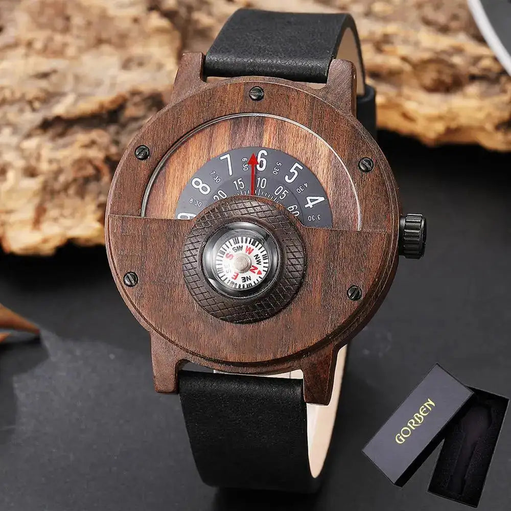 Reloj de madera natural para hombre, con brújula y esfera giratoria, de madera de nogal, ébano y bambú, de cuarzo, color marrón