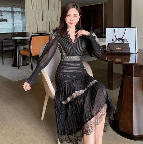JSXDHK 2024 New Runway Designer Women Black Long Dress Elegant Spring Chiffon Patchwork Lace V Neck Lantern Sleeve Pleated Dress - Lootquake