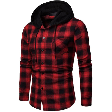 Men's Shirts Autumn Fashion Casual Plaid Shirts Long Sleeve Cotton high quality Pullover Hooded Shirt Winter Mens Top Blouse - Lootquake