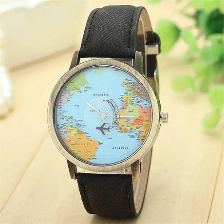 Cool Mini World Fashion Quartz Watch Men Unisex Map Airplane Travel Around The World Women Leather Dress Wrist Watches - Lootquake