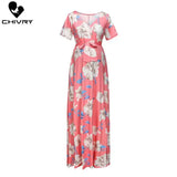 Chivry Maternity Dress Women Floral Print Short Sleeve V-neck Maxi Long Dress Pregnant Casual Clothes Summer Maternity Dress - Lootquake