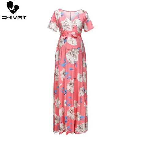 Chivry Maternity Dress Women Floral Print Short Sleeve V-neck Maxi Long Dress Pregnant Casual Clothes Summer Maternity Dress - Lootquake