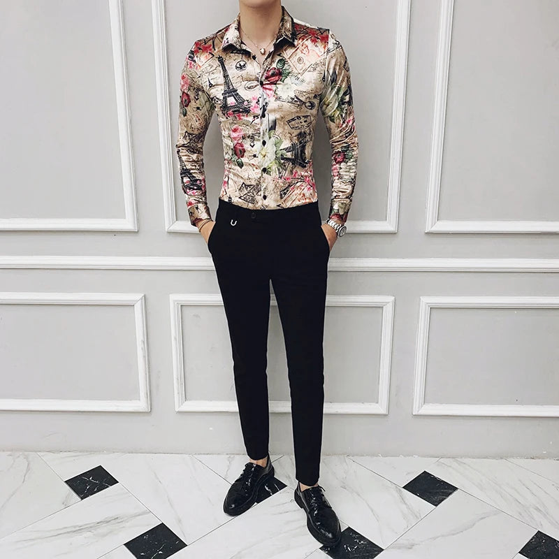 Ropa de franela con estampado de moda para invierno, elegante vestido de fiesta, camisas nuevas de manga larga, camisas casuales de terciopelo barroco, camisas de seda para hombre