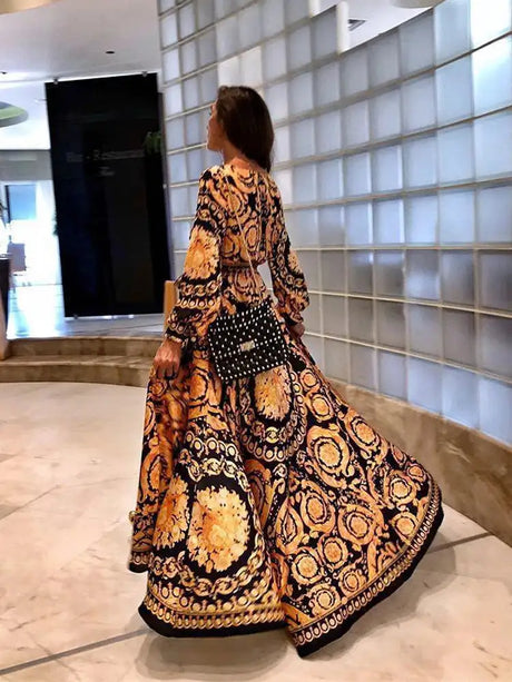 2021 New Style Fashion Elegant Women Sexy Boat Neck Glitter Deep V Neck Print Party Dress Formal Long Dress Sexy Clubwear - Lootquake