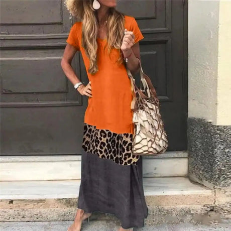 Casual Women summer dress  V Neck Short Sleeve woman dress Leopard Print Color Block Loose Long Dress dresses for women платье - Lootquake