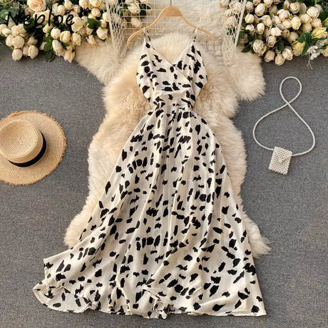 Neploe Vintage Print Holiday Long Dress Women High Waist Hip A Line Vestidos Summer 2025 New V Neck Sleeveless Camis Robe Slim - Lootquake