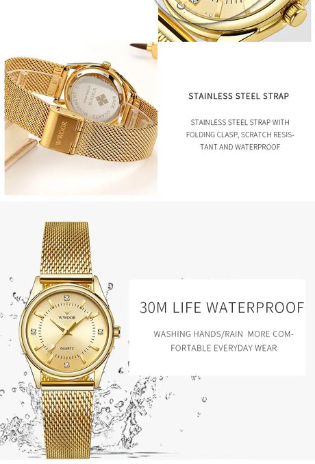WWOOR 2023 Casual Women Dress Rose Gold Mesh Belt  Fashion Diamonds Wristwatch Waterproof Simple Female Quartz Watch Reloj Mujer - Lootquake