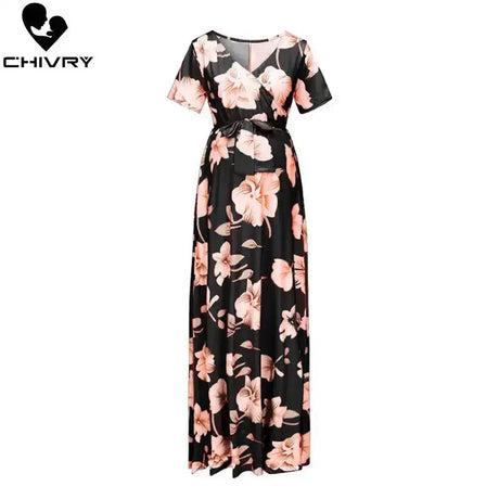 Chivry Maternity Dress Women Floral Print Short Sleeve V-neck Maxi Long Dress Pregnant Casual Clothes Summer Maternity Dress - Lootquake
