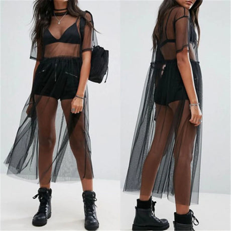Sexy Women Party Evening Black  See Through Mesh Dress Sheer Maxi Dress Tulle Lace long Dress Casual Sexy Party Vintage Bodycon - Lootquake