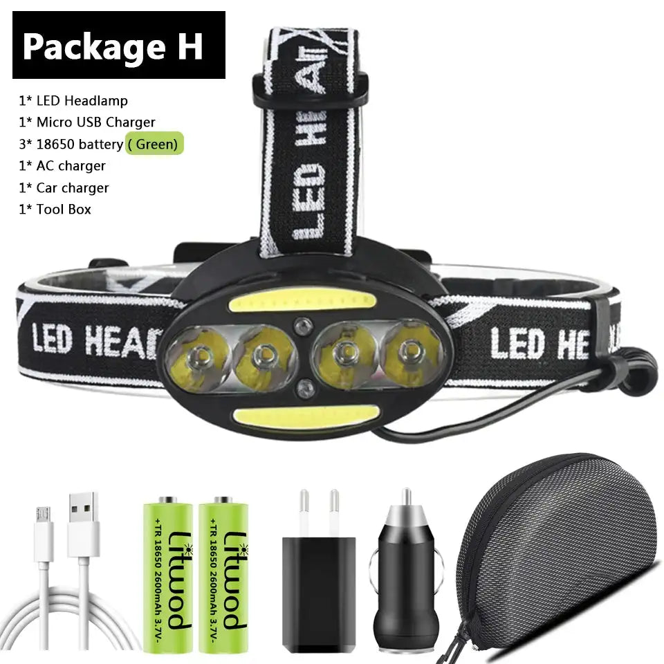 Linterna frontal, linterna frontal, linterna, linterna, linterna, 4 bombillas LED con sensor XML, linterna, camping, ciclismo, caza, senderismo, litio.