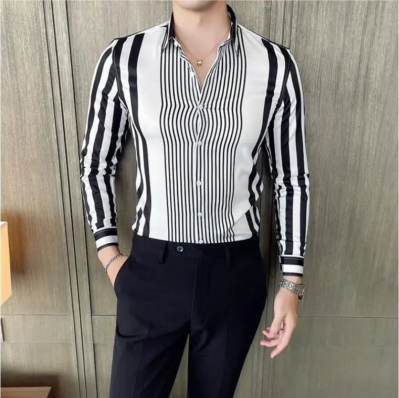 British Style Striped Shirts Mens Long Sleeve Business Formal Dress Shirt Casual Slim Fit Dress Streetwear Social Party Clothing - Lootquake