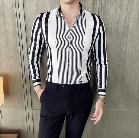 British Style Striped Shirts Mens Long Sleeve Business Formal Dress Shirt Casual Slim Fit Dress Streetwear Social Party Clothing - Lootquake