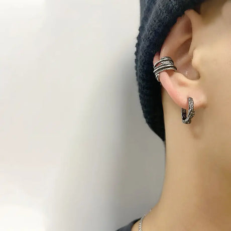 KOFSAC Vintage Black Irregular Texture Hoops Men Jewelry 925 Sterling Silver Earrings For Women Hip-Hop Party Accessories Gifts - Lootquake