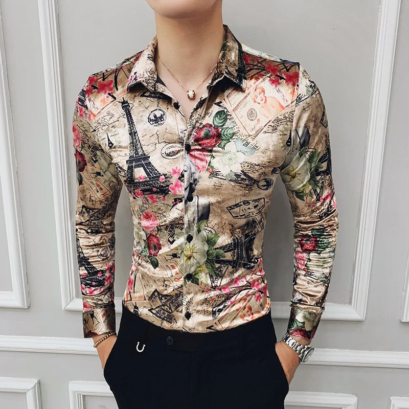 Ropa de franela con estampado de moda para invierno, elegante vestido de fiesta, camisas nuevas de manga larga, camisas casuales de terciopelo barroco, camisas de seda para hombre