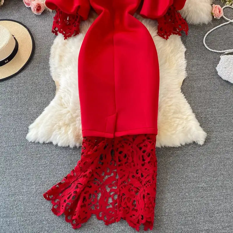 Sexy Hollow Out Lace Bodycon Long Dress Women Elegant Red/Pink/White Off Shoulder Patchwork Maxi Party Vestidos 2021 Autumn New - Lootquake