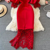 Sexy Hollow Out Lace Bodycon Long Dress Women Elegant Red/Pink/White Off Shoulder Patchwork Maxi Party Vestidos 2021 Autumn New - Lootquake