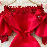 Sexy Hollow Out Lace Bodycon Long Dress Women Elegant Red/Pink/White Off Shoulder Patchwork Maxi Party Vestidos 2021 Autumn New - Lootquake