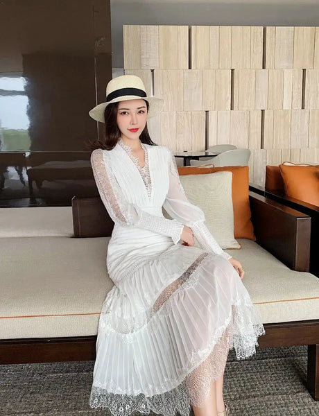JSXDHK Fashion Runway Women Pleated Party Dress Spring Sexy V Neck Lantern Sleeve Chiffon Patchwork Lace Bodycon Slim Long Dress - Lootquake