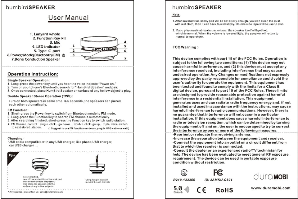 Enceinte à conduction osseuse, Bluetooth, vibration, audio stéréo, numérique, TWS, sans fil, la plus petite enceinte portable DURAMOBI Humbird