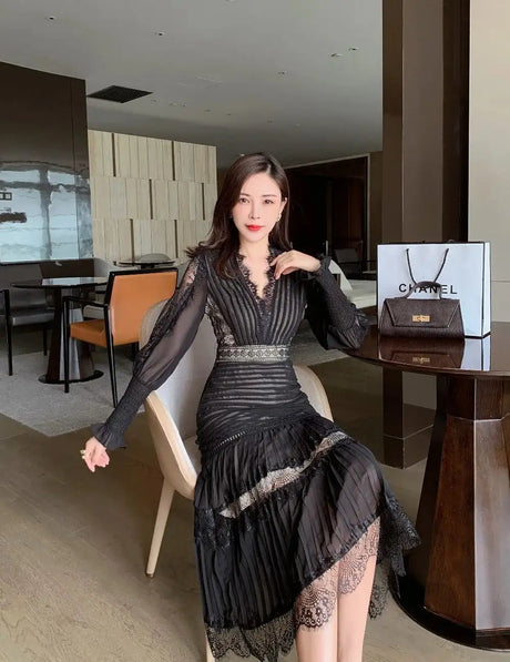 JSXDHK Fashion Runway Women Pleated Party Dress Spring Sexy V Neck Lantern Sleeve Chiffon Patchwork Lace Bodycon Slim Long Dress - Lootquake