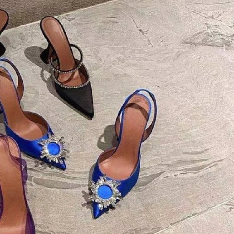 New Fashionable Half Slippers Women&#39;s Sandals Fashionable Sparkling Rhinestones Satin Wine Glass Heel Shoes Closed-Toe Slippers