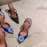 New Fashionable Half Slippers Women&#39;s Sandals Fashionable Sparkling Rhinestones Satin Wine Glass Heel Shoes Closed-Toe Slippers