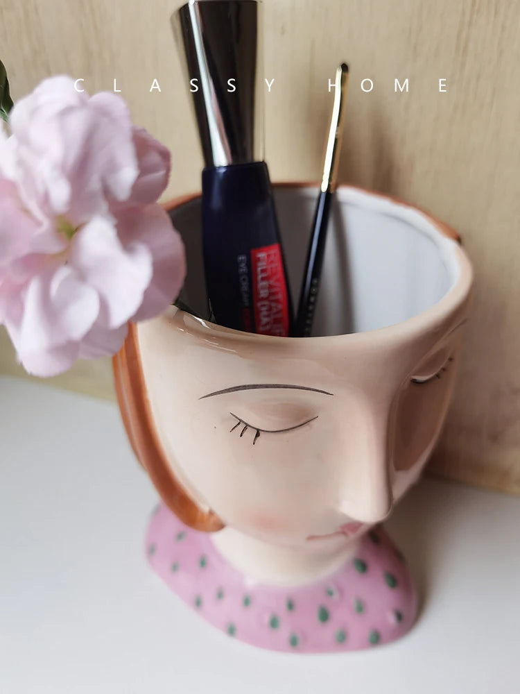 Statue Head Portrait Sculpture Ornament Bonsai Handmade Art Pot Bum Ceramic Vase Plaster Living Room Home Decor Dried Flowers