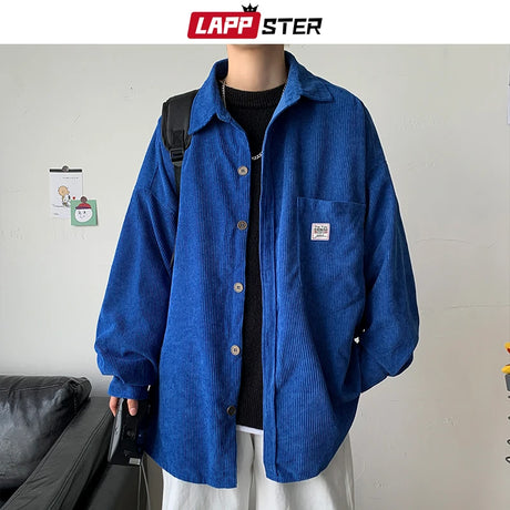 LAPPSTER Men Corduroy Vintage Autumn Shirts 2023 Mens Korean Fashion Harajuku Shirts Male Oversized Streetwear Colorful Shirts - Lootquake