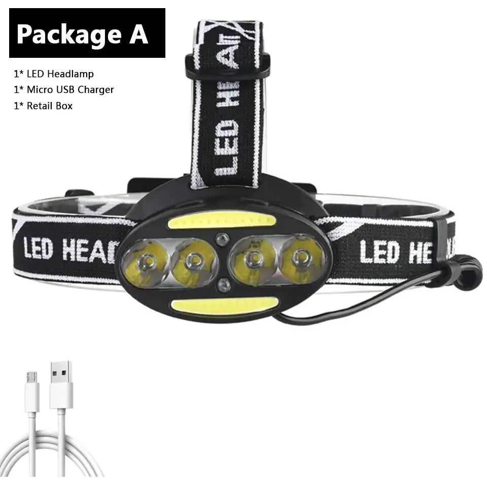 Linterna frontal, linterna frontal, linterna, linterna, linterna, 4 bombillas LED con sensor XML, linterna, camping, ciclismo, caza, senderismo, litio.