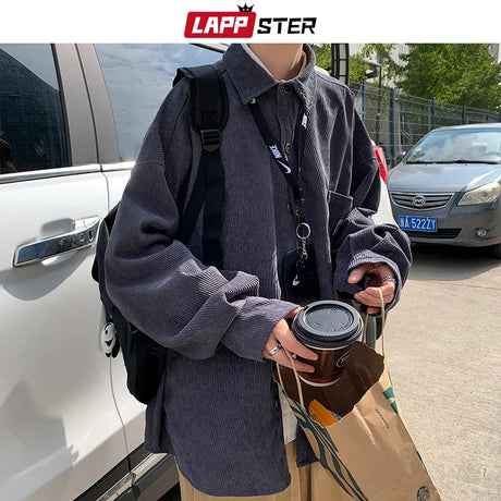 LAPPSTER Men Corduroy Vintage Autumn Shirts 2023 Mens Korean Fashion Harajuku Shirts Male Oversized Streetwear Colorful Shirts - Lootquake