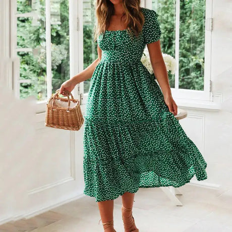 Vestidos Vintage Vintage Print Puff Sleeve summer Beach sweet dresses Casual Square collar floral maxi long dress 2024 festa - Lootquake