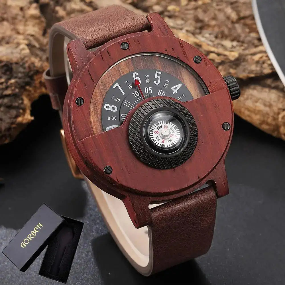 Reloj de madera natural para hombre, con brújula y esfera giratoria, de madera de nogal, ébano y bambú, de cuarzo, color marrón