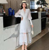 JSXDHK Fashion Runway Women Pleated Party Dress Spring Sexy V Neck Lantern Sleeve Chiffon Patchwork Lace Bodycon Slim Long Dress - Lootquake