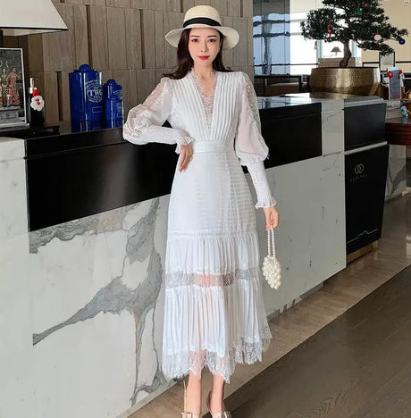 JSXDHK Fashion Runway Women Pleated Party Dress Spring Sexy V Neck Lantern Sleeve Chiffon Patchwork Lace Bodycon Slim Long Dress - Lootquake