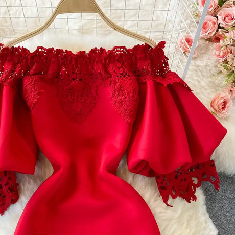Sexy Hollow Out Lace Bodycon Long Dress Women Elegant Red/Pink/White Off Shoulder Patchwork Maxi Party Vestidos 2021 Autumn New - Lootquake