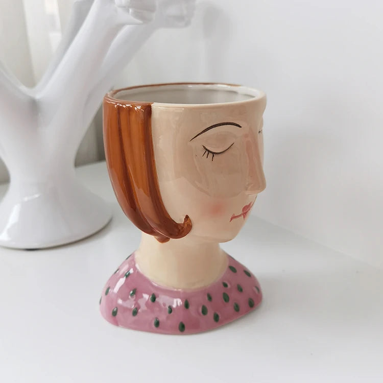 Statue Head Portrait Sculpture Ornament Bonsai Handmade Art Pot Bum Ceramic Vase Plaster Living Room Home Decor Dried Flowers