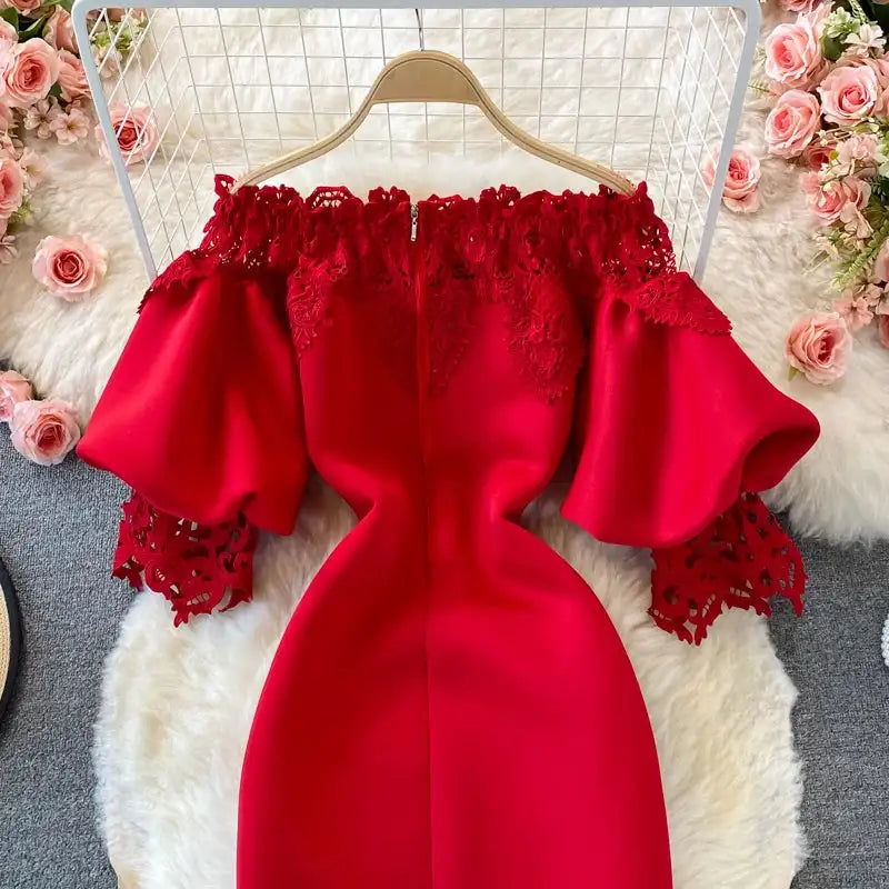 Sexy Hollow Out Lace Bodycon Long Dress Women Elegant Red/Pink/White Off Shoulder Patchwork Maxi Party Vestidos 2021 Autumn New - Lootquake