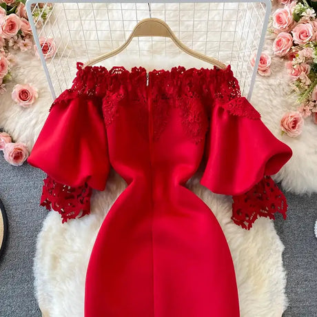 Sexy Hollow Out Lace Bodycon Long Dress Women Elegant Red/Pink/White Off Shoulder Patchwork Maxi Party Vestidos 2021 Autumn New - Lootquake