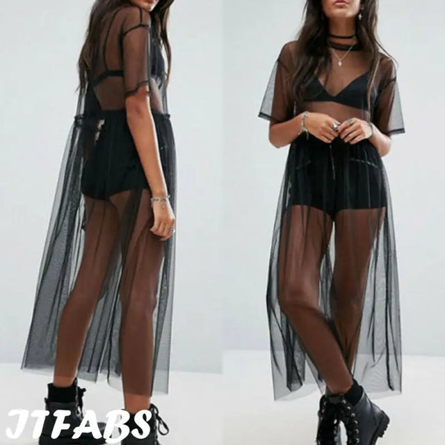 Sexy Women Party Evening Black  See Through Mesh Dress Sheer Maxi Dress Tulle Lace long Dress Casual Sexy Party Vintage Bodycon - Lootquake