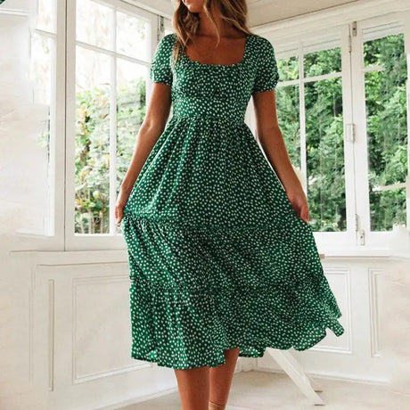 Vestidos Vintage Vintage Print Puff Sleeve summer Beach sweet dresses Casual Square collar floral maxi long dress 2024 festa - Lootquake