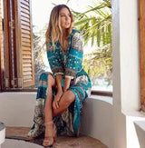 1pcs/lot Women Bohemia V-neck Three Quarter Sleeve Floral Print Ethnic Autumn Beach Boho Long Dress - Lootquake