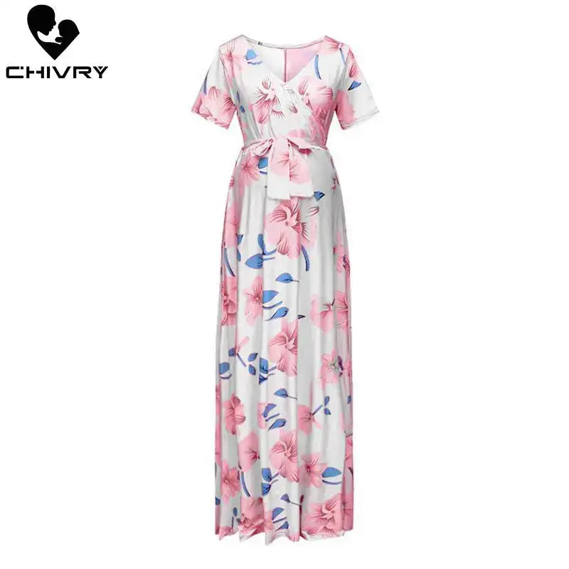 Chivry Maternity Dress Women Floral Print Short Sleeve V-neck Maxi Long Dress Pregnant Casual Clothes Summer Maternity Dress - Lootquake