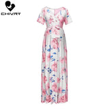 Chivry Maternity Dress Women Floral Print Short Sleeve V-neck Maxi Long Dress Pregnant Casual Clothes Summer Maternity Dress - Lootquake
