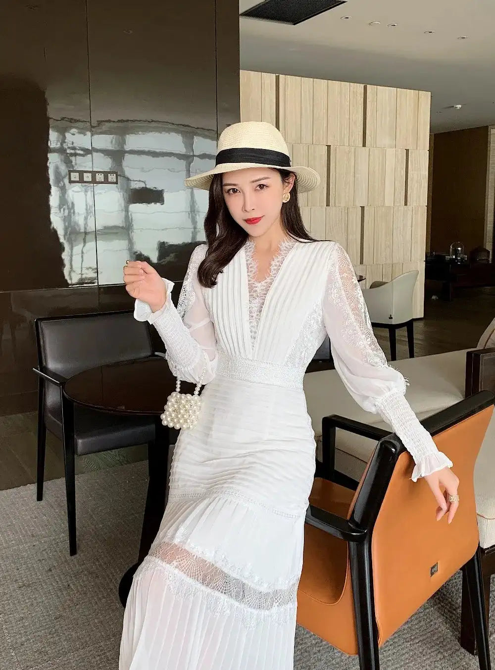 JSXDHK Fashion Runway Women Pleated Party Dress Spring Sexy V Neck Lantern Sleeve Chiffon Patchwork Lace Bodycon Slim Long Dress - Lootquake