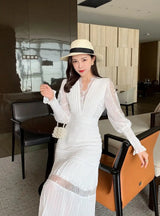 JSXDHK Fashion Runway Women Pleated Party Dress Spring Sexy V Neck Lantern Sleeve Chiffon Patchwork Lace Bodycon Slim Long Dress - Lootquake