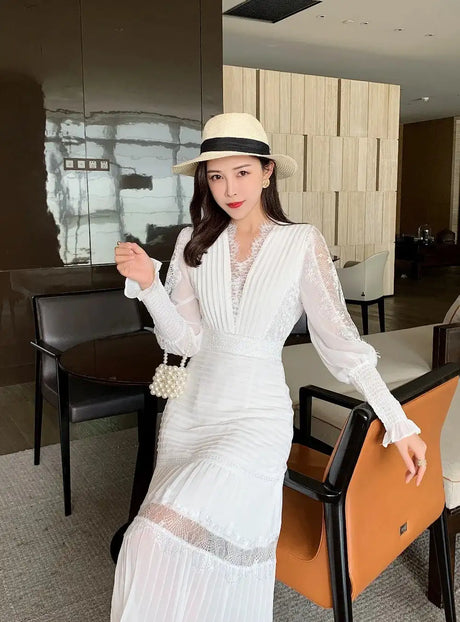 JSXDHK 2024 New Runway Designer Women Black Long Dress Elegant Spring Chiffon Patchwork Lace V Neck Lantern Sleeve Pleated Dress - Lootquake