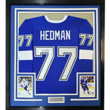 Framed Autographed/Signed Victor Hedman 35x39 Tampa Bay Blue Hockey Jersey JSA COA