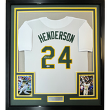 Camiseta de béisbol blanca de Oakland, enmarcada, autografiada y firmada por Rickey Henderson, 35 x 39, Beckett BAS COA