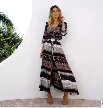 1pcs/lot Women Bohemia V-neck Three Quarter Sleeve Floral Print Ethnic Autumn Beach Boho Long Dress - Lootquake